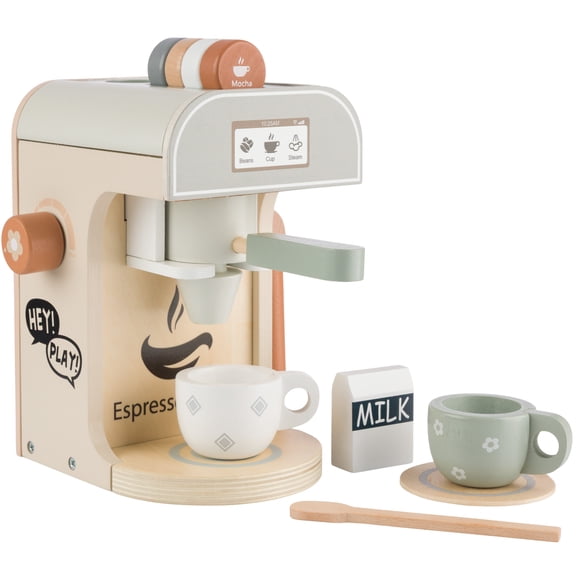 Hey Play Wooden Toy Coffee Maker for Kids - 11PC Kids Kitchen Playset with Coffee Machine Toy