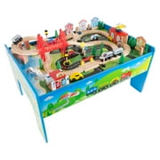 Hey Play 75-Piece Wooden Train Set with Illustrated Toy Storage Play Table