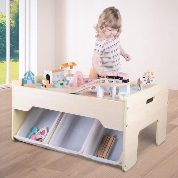 Hey! Play! Wooden Train Set and Storage with Tracks, Vehicles, Buildings and Illustrated Ocean Train Table 63 Pieces