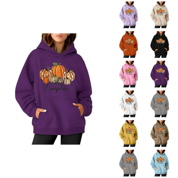 Hey Pumpkin Halloween Thanksgiving Hoodies for Women Fall Pumpkin Hoodie Long Sleeve Graphic Sweatshirt Pullover Tops