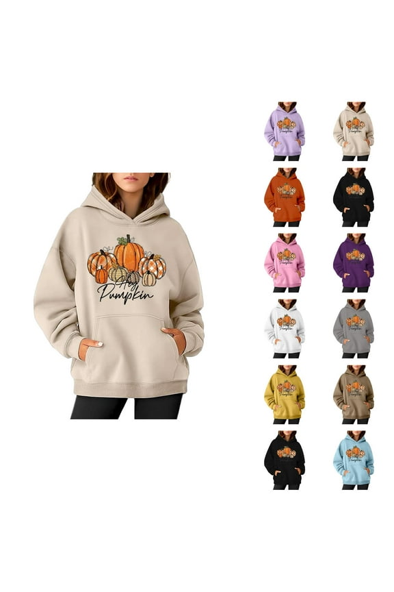 Hey Pumpkin Halloween Thanksgiving Hoodies for Women Fall Pumpkin Hoodie Long Sleeve Graphic Sweatshirt Pullover Tops