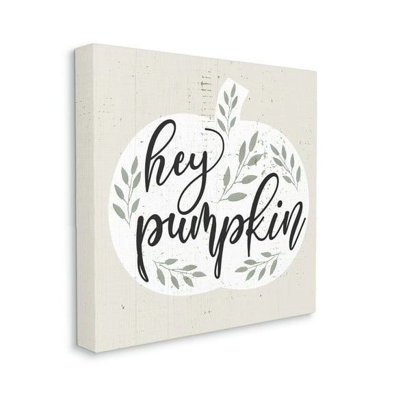 Hey Pumpkin Phrase Charming Green Foliage Typography Gallery-Wrapped Canvas Print Wall Art, 17x17