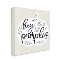 Hey Pumpkin Phrase Charming Green Foliage Typography Gallery-Wrapped Canvas Print Wall Art, 17x17
