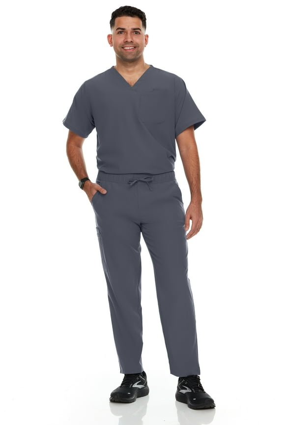 Hey Scrubs Set Men Stretch V-Neck Scrub Top and Six Pocket Tapered Pant Bundle, Elastic Waistband Scrubs for Men