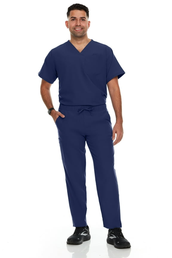 Hey Scrubs Set Men Stretch V-Neck Scrub Top and Six Pocket Tapered Pant Bundle, Elastic Waistband Scrubs for Men