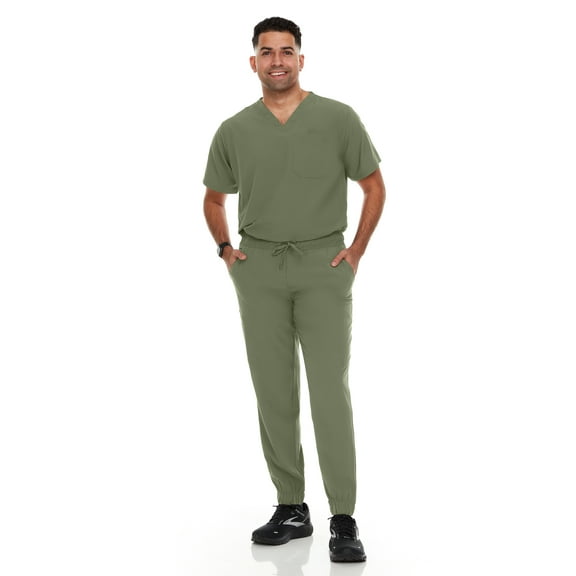 Hey Scrubs Set Mens Stretch V-Neck Scrub Top with 6-Pocket Scrub Joggers Pants, Elastic Waistband Scrubs for Men