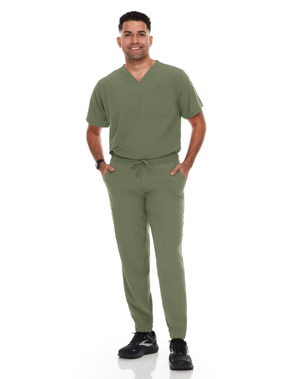 Hey Scrubs Set Mens Stretch V-Neck Scrub Top with 6-Pocket Scrub Joggers Pants, Elastic Waistband Scrubs for Men