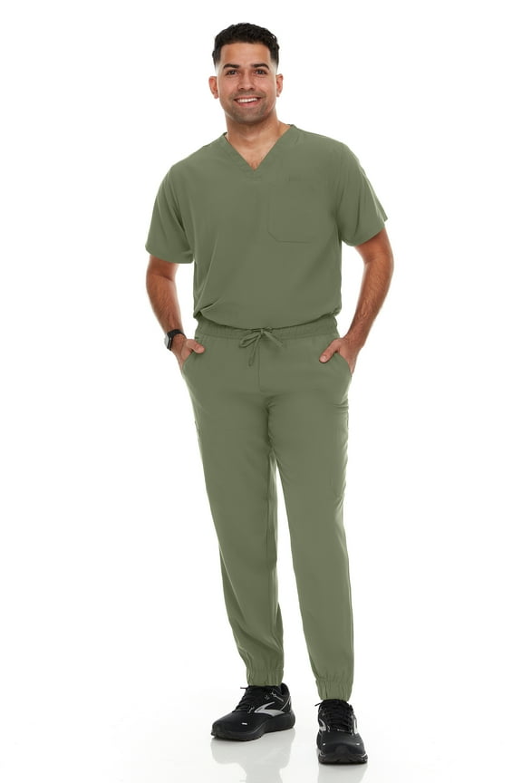 Hey Scrubs Set Mens Stretch V-Neck Scrub Top with 6-Pocket Scrub Joggers Pants, Elastic Waistband Scrubs for Men
