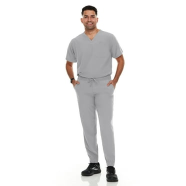 Hey Scrubs Set Mens Stretch V-Neck Scrub Top with 6-Pocket Scrub Joggers Pants, Elastic Waistband Scrubs for Men