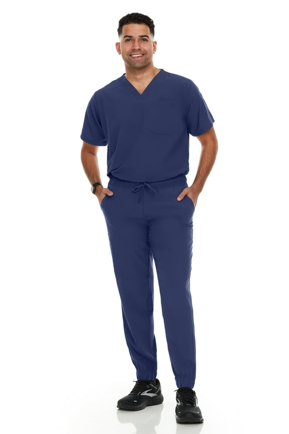 Hey Scrubs Set Mens Stretch V-Neck Scrub Top with 6-Pocket Scrub Joggers Pants, Elastic Waistband Scrubs for Men