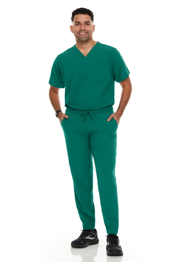 Hey Scrubs Set Mens Stretch V-Neck Scrub Top with 6-Pocket Scrub Joggers Pants, Elastic Waistband Scrubs for Men
