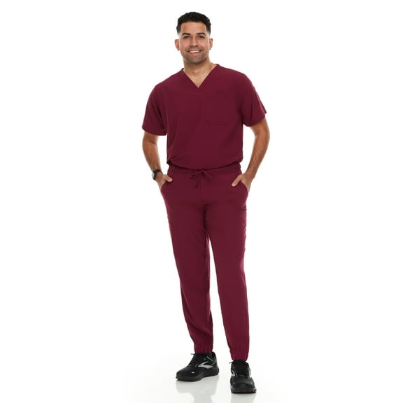 Hey Scrubs Set Mens Stretch V-Neck Scrub Top with 6-Pocket Scrub Joggers Pants, Elastic Waistband Scrubs for Men