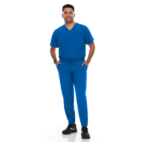 Hey Scrubs Set Mens Stretch V-Neck Scrub Top with 6-Pocket Scrub Joggers Pants, Elastic Waistband Scrubs for Men