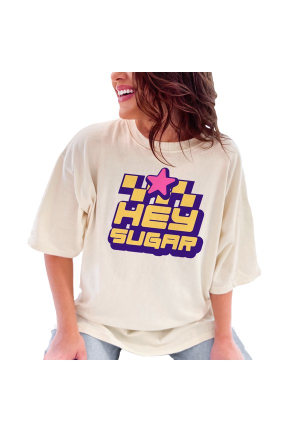 Hey Sugar Graphic Tee, Retro Style T Shirt, Fun Statement Shirt, Vintage Inspired Top, Bold Graphic TShirt, Unique Casual Wear, Ivory Comfort Colors T-Shirt, Large