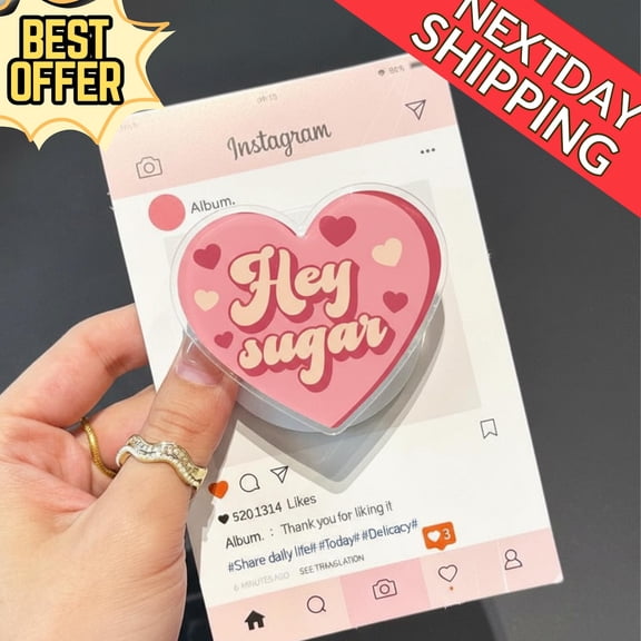 Hey Sugar Heart MagSafe Phone Grip  Cute Pink Heart with Fun Message GripTok, Magnetic Phone Holder for Valentine's Day, Sweet Gift