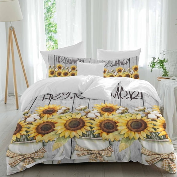 Hey Summer Sunflower California King Duvet Cover Set, Yellow Floral Farm Wood Grain 4 Piece Microfiber Bedding Set with Zipper Closure, Bed Sheet and 2 Pillow Shams, Soft Bedding Cover