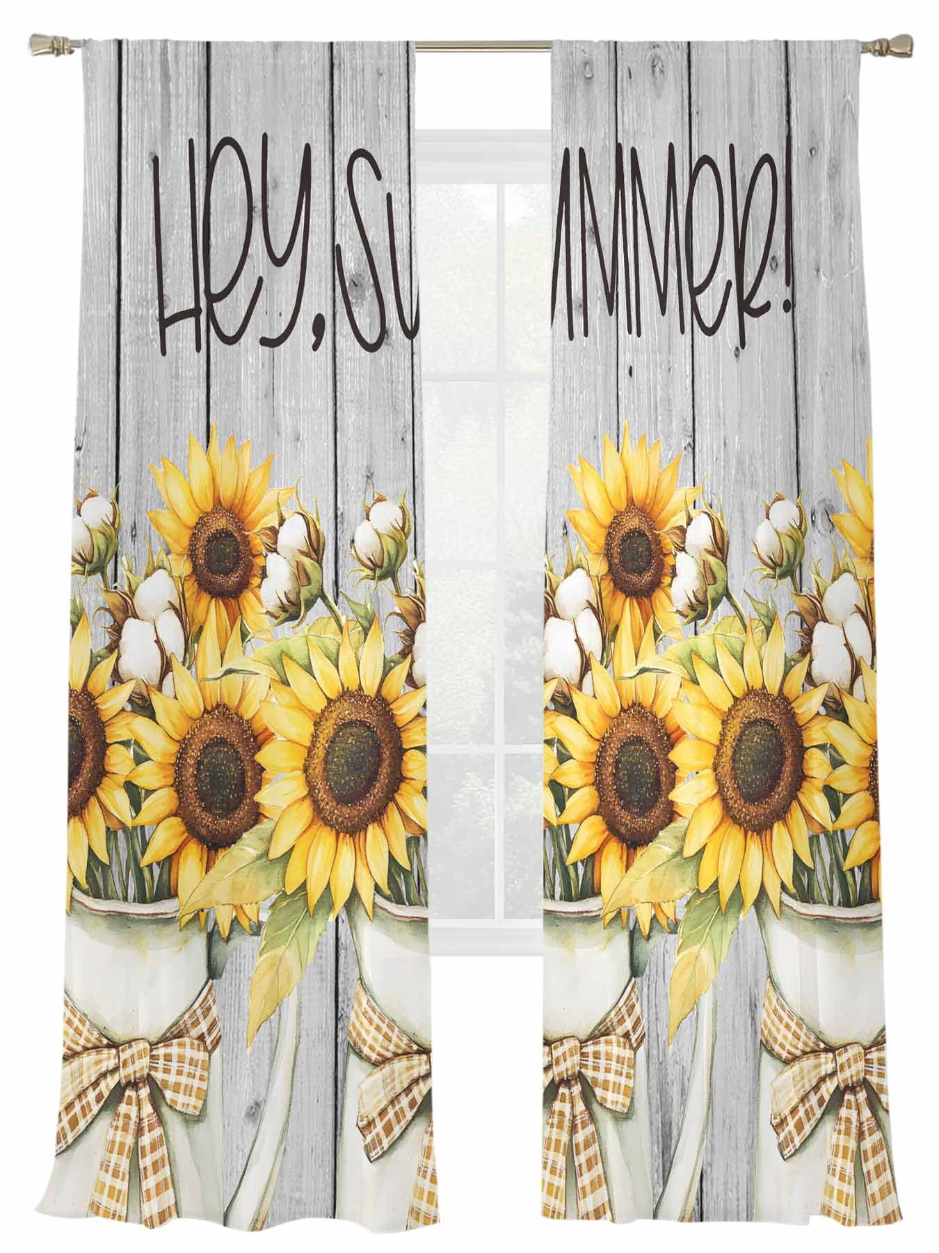 Hey Summer Sunflower Sheer Curtains 2 Panels Set Yellow Floral Farm ...