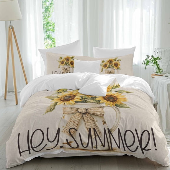 Hey Summer Twin Duvet Cover Set, Vintage Sunflower Linen Texture 4 Piece Microfiber Bedding Set with Zipper Closure, Bed Sheet and 2 Pillow Shams, Soft Bedding Cover