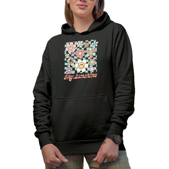 Hey, Sunshine & Retro Smiling Flowers Art Merch Gift, Black Hooded Sweatshirt or Hoodie, Small