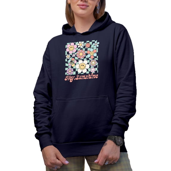 Hey, Sunshine & Retro Smiling Flowers Art Merch Gift, Navy Blue Hooded Sweatshirt or Hoodie, Small