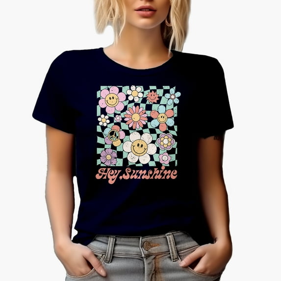 Hey, Sunshine & Retro Smiling Flowers Art Merch Gift, Navy Blue T-Shirt, Small