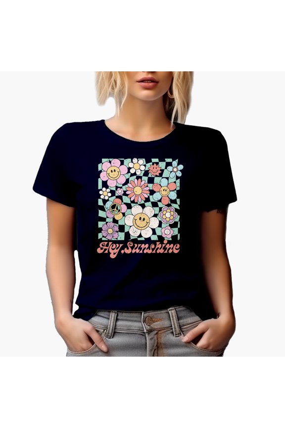 Hey, Sunshine & Retro Smiling Flowers Art Merch Gift, Navy Blue T-Shirt, Small