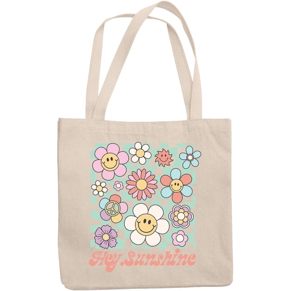 Hey, Sunshine with Retro Smiling Flowers Art Merch Gift, 12oz Canvas Tote Bag