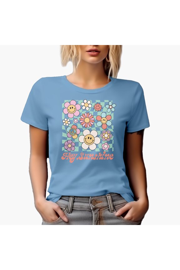 Hey, Sunshine with Retro Smiling Flowers Art Merch Gift, Baby Blue T-Shirt, Large