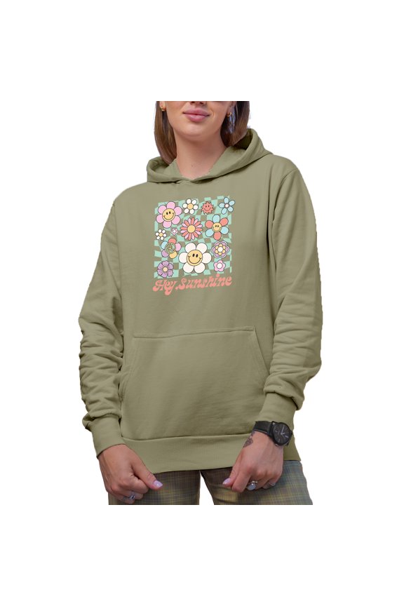 Hey, Sunshine with Retro Smiling Flowers Art Merch Gift, Sand Hooded Sweatshirt or Hoodie, Medium