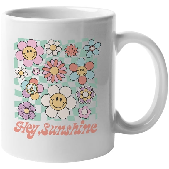 Hey, Sunshine with Retro Smiling Flowers Art Merch Gift, White 11oz Ceramic Mug