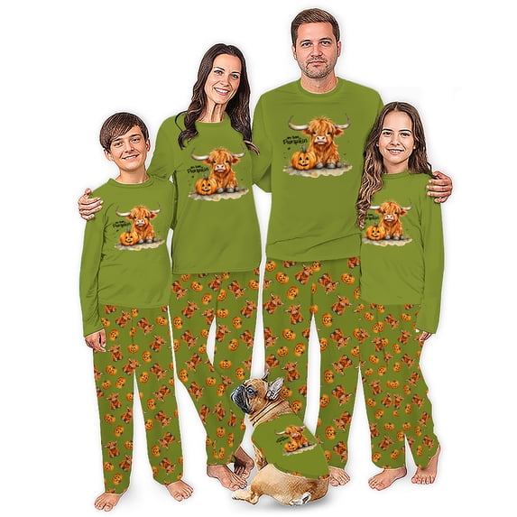 Hey There Pumpkin Highland Cow Pyjama Thanksgiving Family, Fall Family And Dog PJs, Plus Sizes