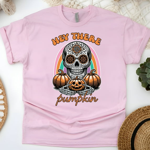 Hey There Pumpkin Shirt | Sugar Skull Halloween T-Shirt, Light Pink, Size L