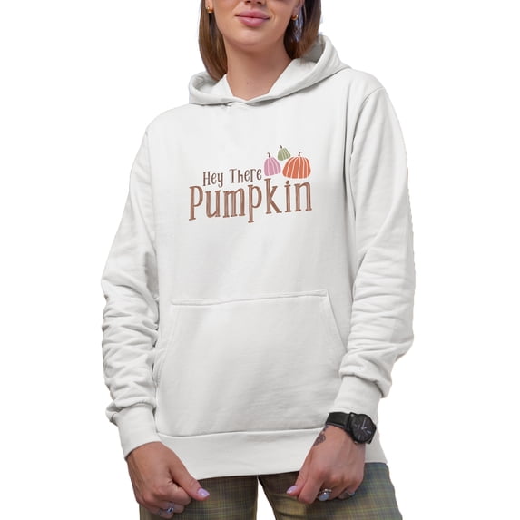 Hey There Pumpkin with Pumpkins, Autumn or Fall Art Merch Gift, White Hooded Sweatshirt or Hoodie, Medium