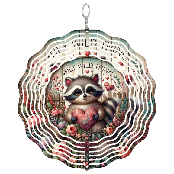 Hey Wild Thing Raccoon Valentine 3D Wind Spinner Hanging, Round UV Printed Tinplate, Funny Couple Gift,