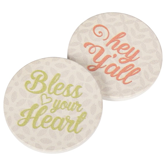 Hey Y'all Bless Your Heart Floral White Gray 2.75 x 2.75 Absorbent Ceramic Car Coasters Pack of 2