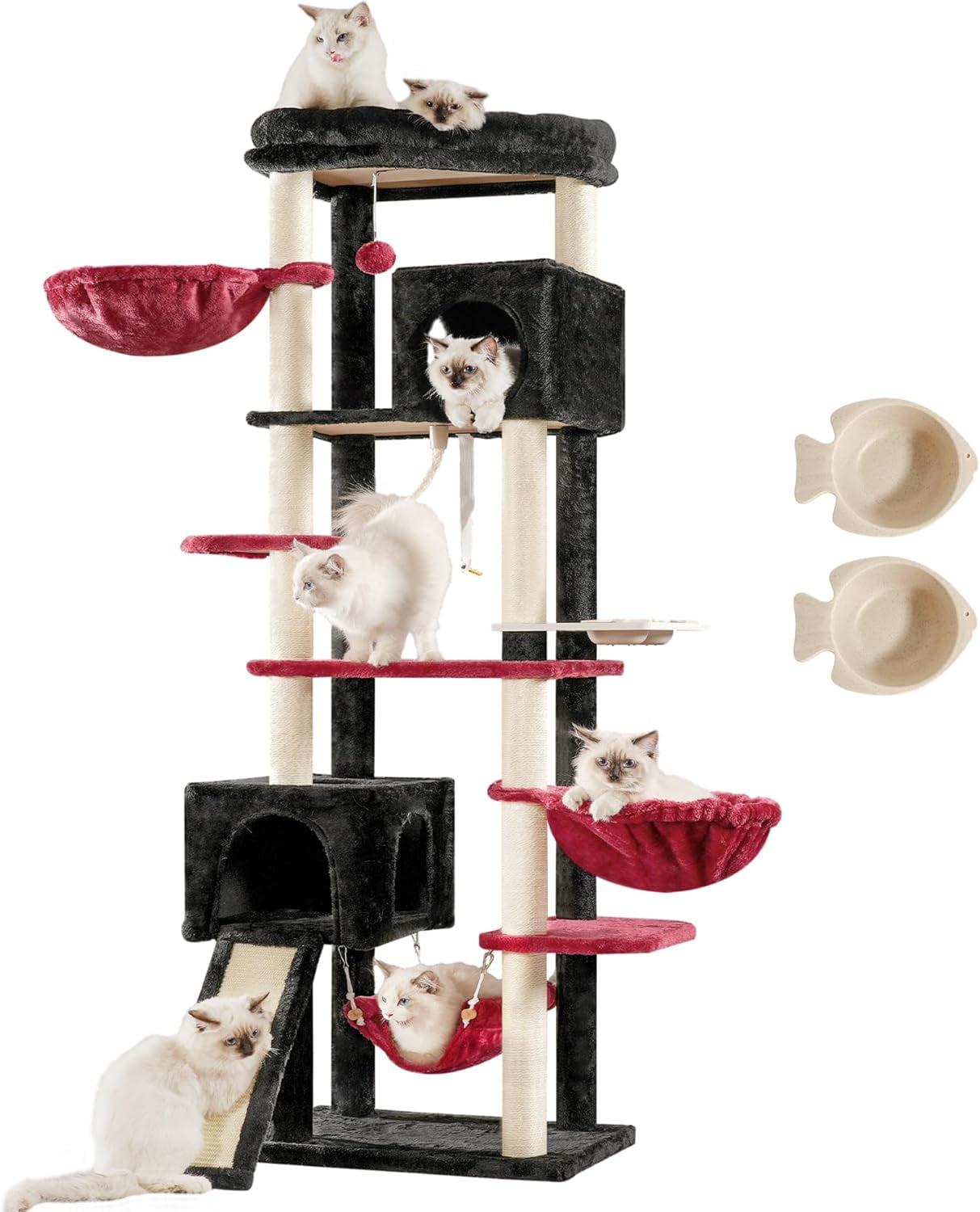 Hey-brother 69.3-Inch Cat Tree Tower With Large Perch, 2 Hammocks & Scratching Posts - Smoky Gray