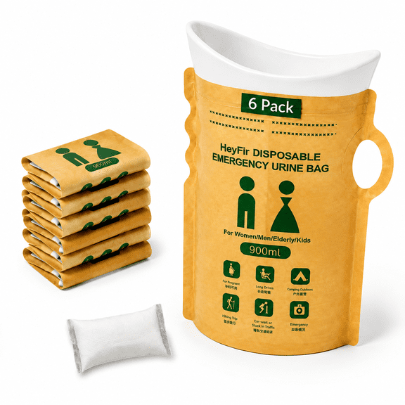 HeyFir Disposable Urine Bags 900ML, Portable Emergency Pee Bags with Absorbent Gel, Double Leakproof Seal, Wide Opening & Stand-Up Base, 6 Pack