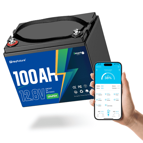HeyFuture 12V 100Ah Bluetooth LiFePO4 Battery Group 24, Deep Cycle Lithium Battery, 15000 Charging Cycles, Lightweight Compact, Perfect For Rv, Trolling Motors, Yacht, Solar Systems