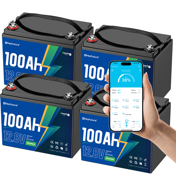 HeyFuture 4 Pack 12V 100Ah Bluetooth LiFePO4 Battery Group 24, Deep Cycle Lithium Battery, 15000 Charging Cycles, Lightweight Compact, Perfect For Rv, Trolling Motors, Yacht, Solar Systems
