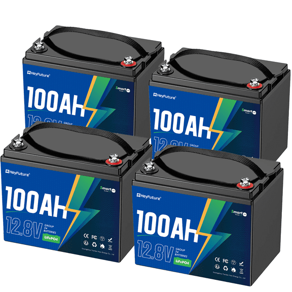 HeyFuture 4 Pack 12V 100Ah LiFePO4 Deep Cycle Lithium Battery Group 24, 15000+ Cycles, Lightweight Compact Design, Perfect For Rv, Solar Systems, Trolling Motors, Marine Applications, Off-Grid Power