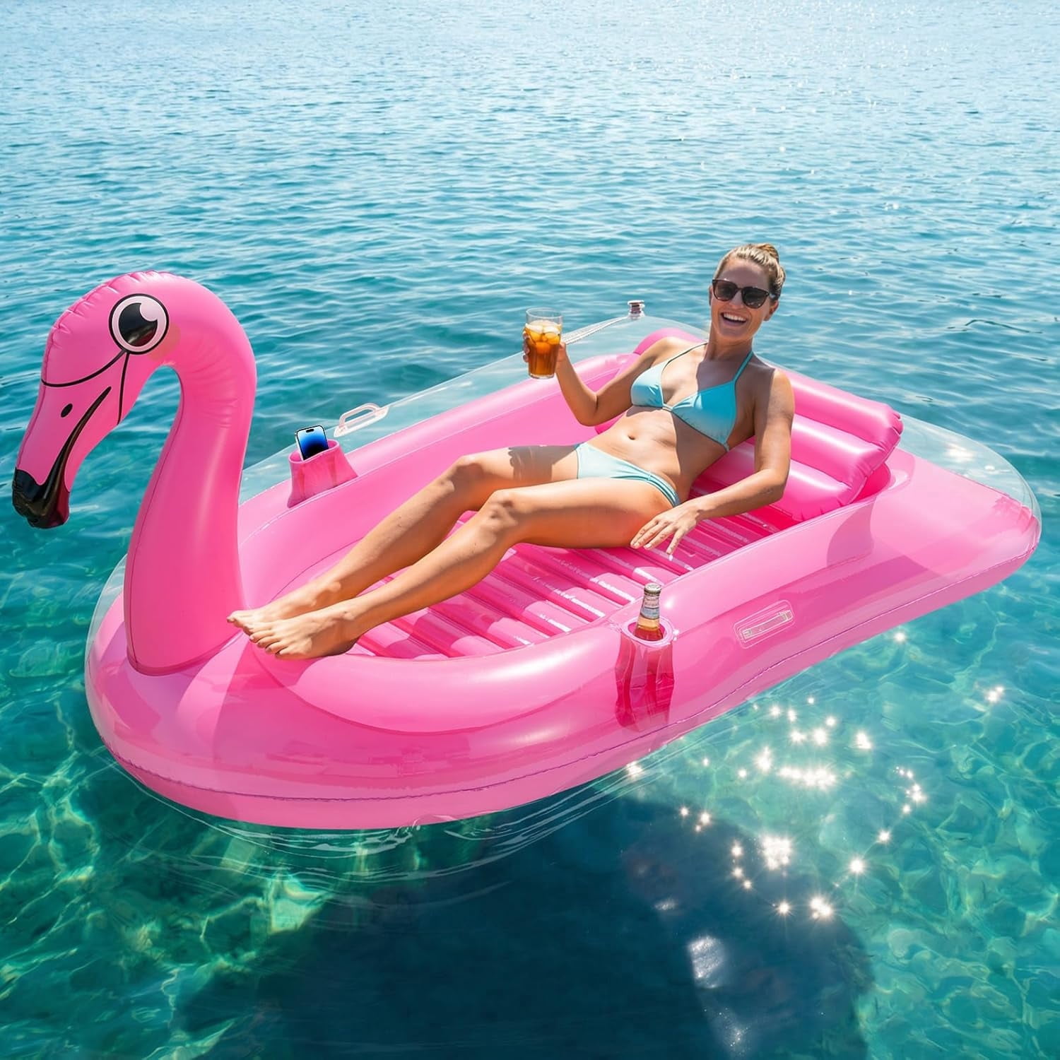 HeySplash Inflatable Tanning Pool, Flamingo Tanning Pool Lounger with Cup Holder, Floaties for Adults, Inflatable Pools Floats with Dual Handles Detachable Pillow for Beach Summer