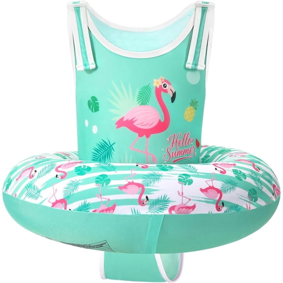 HeySplash Swim Vest for Age 3-6, Swim Trainer Vests with Adjustable Strap for Boys Girls 29-55lbs, Children Swimsuit, Floating Tube for Beginner,Green Leaves + Pink Flamingo