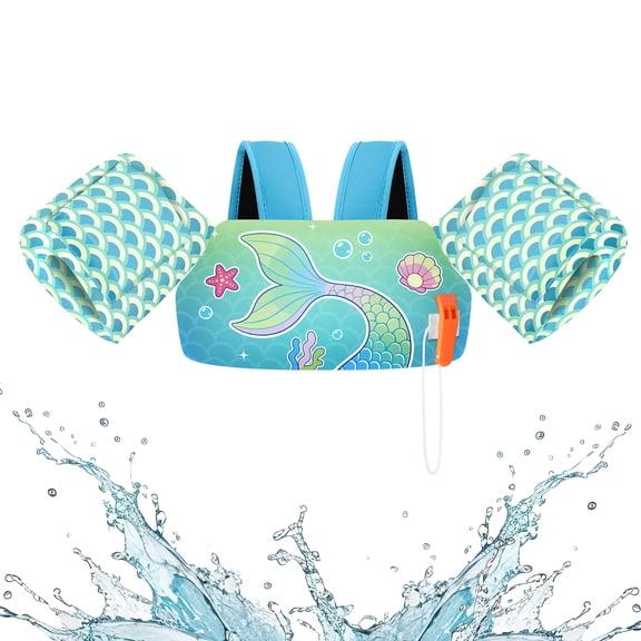 HeySplash Swim Vest For 22-50 Lbs Kids,Arm Floaties Water Wing Children Learn to Swim, Puddle Sea Beach Jumper,Blue Fishtail