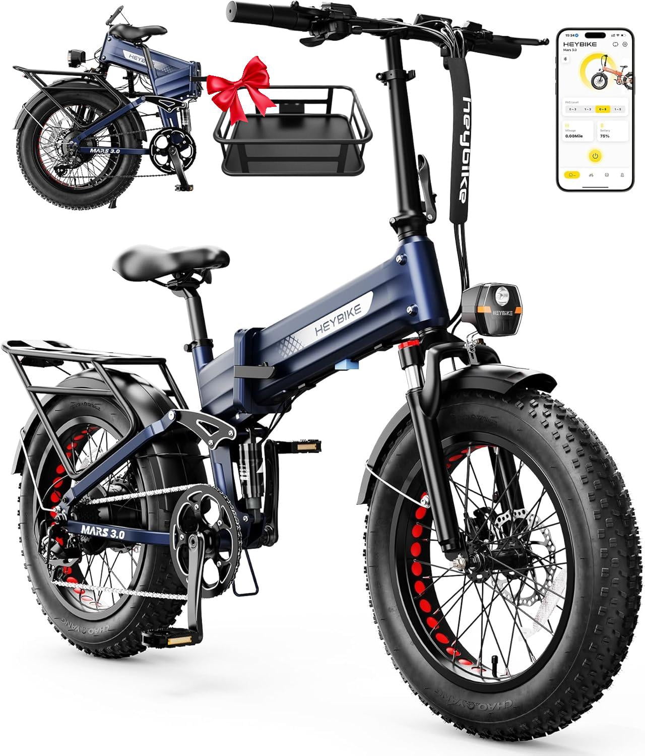Heybike Mars 3.0 Electric Bike for Adults, 1400W Peak Motor Foldable Ebike with 48V 13AH Removable Battery, 20" Fat Tire Electric Bicycles, Up to 30+MPH & NFC Unlock, UL2849