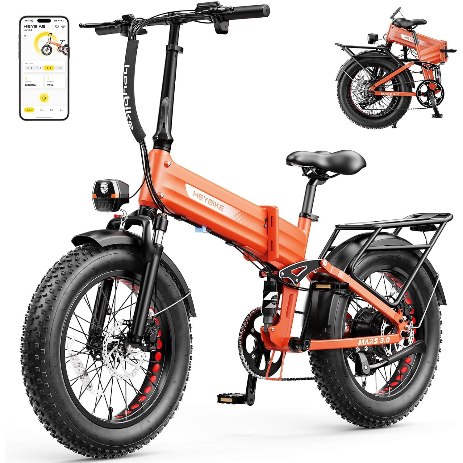 Heybike Mars 3.0 Electric Bike for Adults, 1400W Peak Motor Foldable Ebike with 48V 13AH Removable Battery, 20" Fat Tire Electric Bicycles, Up to 30+MPH & NFC Unlock, UL2849