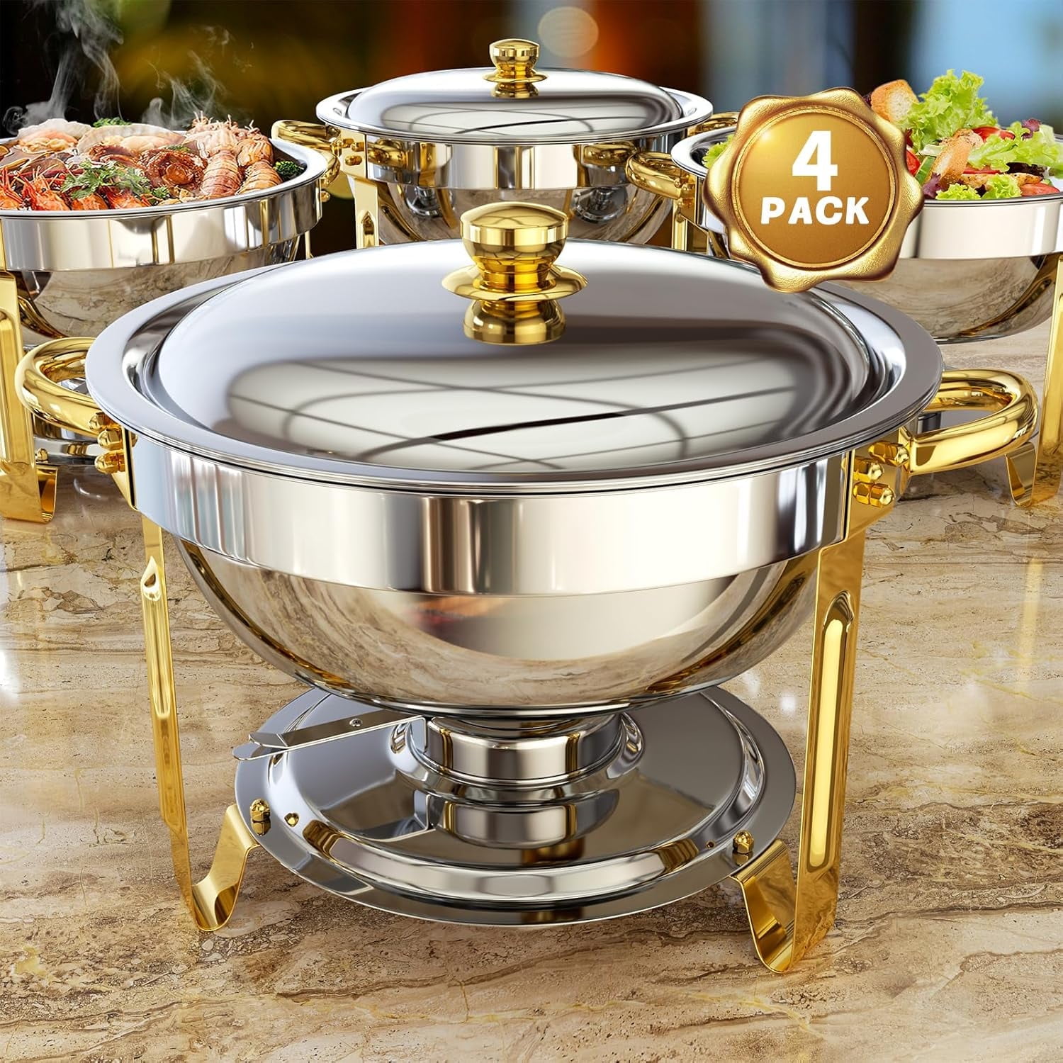 Heyday 4 Pack Chafing Dishes Buffet, 5QT Round Stainless Steel Buffet ...