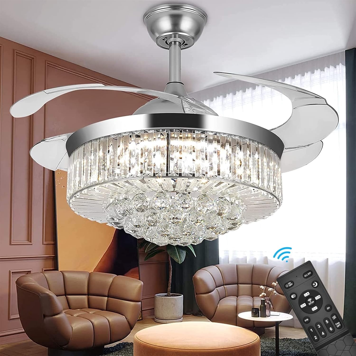 42 Inch Crystal Ceiling Fan With Light - Gold Dimmable Chandelier Fan With Remote & Retractable Blades