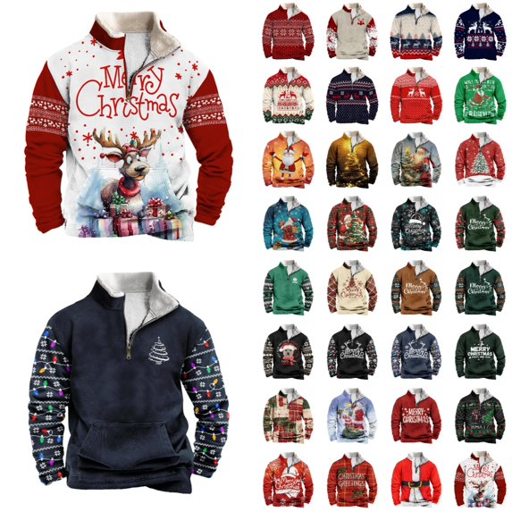 Heydday Christmas Sweatshirts for Men Graphic, Long Sleeve Mens Sweatshirts with Zipper, Loose Fit Sweatshirts for Men Big and Tall with Kangroo Pockets for Winter