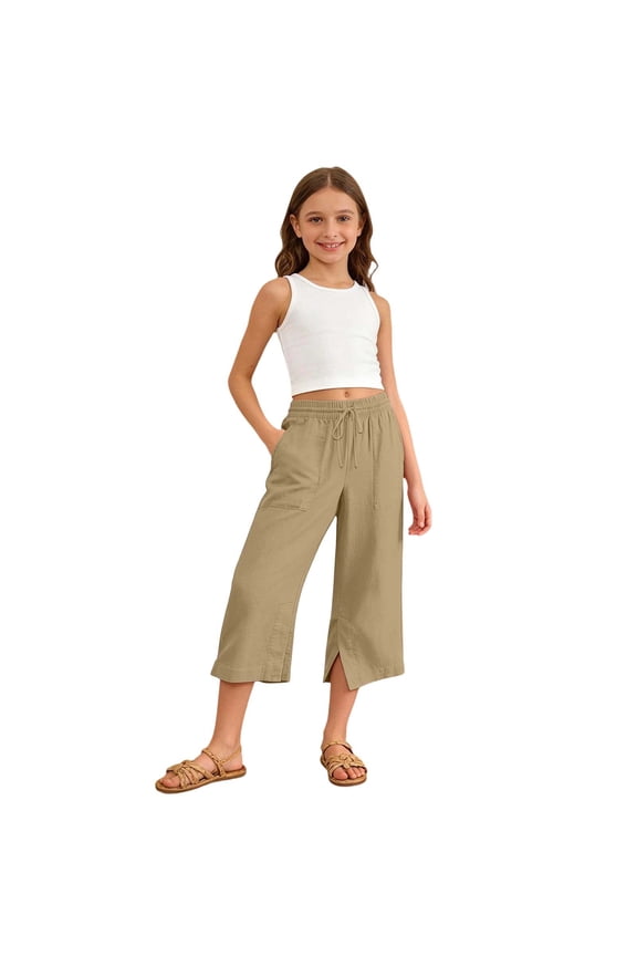Girls Capri Pants, Elastic Drawstring Waist Split Hem Cropped Trousers with Pockets, Breathable Solid Half Length Casual Bottoms (Khaki11/7-8 Years)