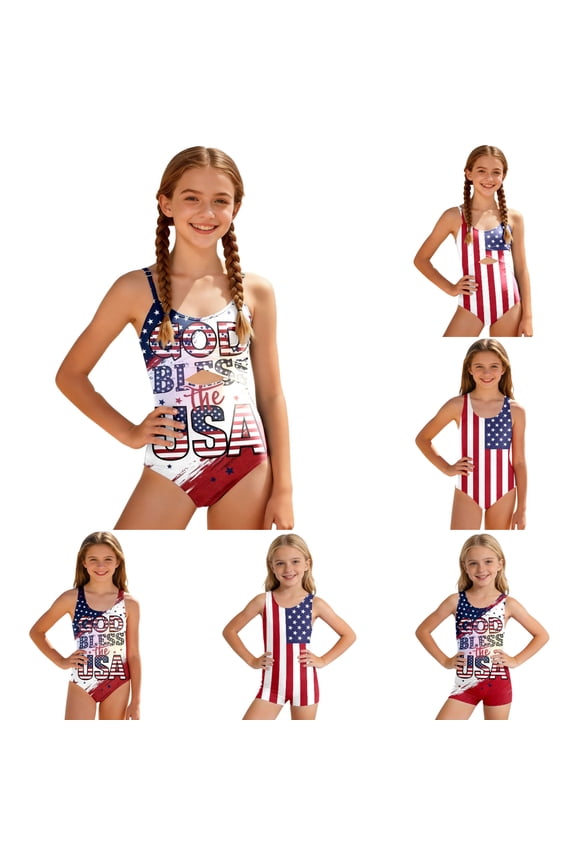 Girls Patriotic USA One-Piece Swimsuit, 4th of July American Flag Bathing Suit, Adjustable Strap Cutout Swimwear for Kids(Red/11-12Y)